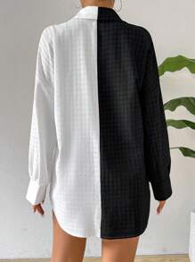 SHEIN LUNE Casual Drop Shoulder Shirt With Texture Splicing Fabric - Black and White - View 2