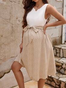 SHEIN Random Printed Simple Style Maternity Sleeveless Dress For Daily Wear - Apricot - View 4