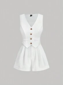 SHEIN MOD Conjunto de verano de mujer en blanco, que incluye top de bolsillo pañuelo y pantalones cortos de pierna ancha de cintura alta con pliegues y dobladillo enrollado, un conjunto casual y cómodo de dos piezas para el estilo "dinero viejo" del verano. Un conjunto de pantalones cortos de invierno, un conjunto de ropa casual de oficina para mujeres para la escuela o el trabajo. - Blanco - Ver 1