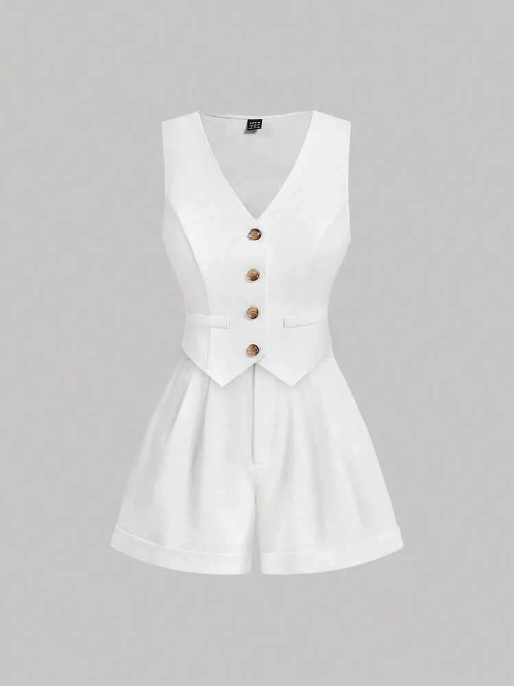SHEIN MOD White Summer Women Shorts Sets,Handkerchief Pocket Vest , Wide  Leg High Waisted Shorts With Pleats&Rolled Hems,Casual Comfy Two Pieces Set  Shorts,Old Money Style Summer Women Outfit,Winter Shorts Suit,Business  Casual Women