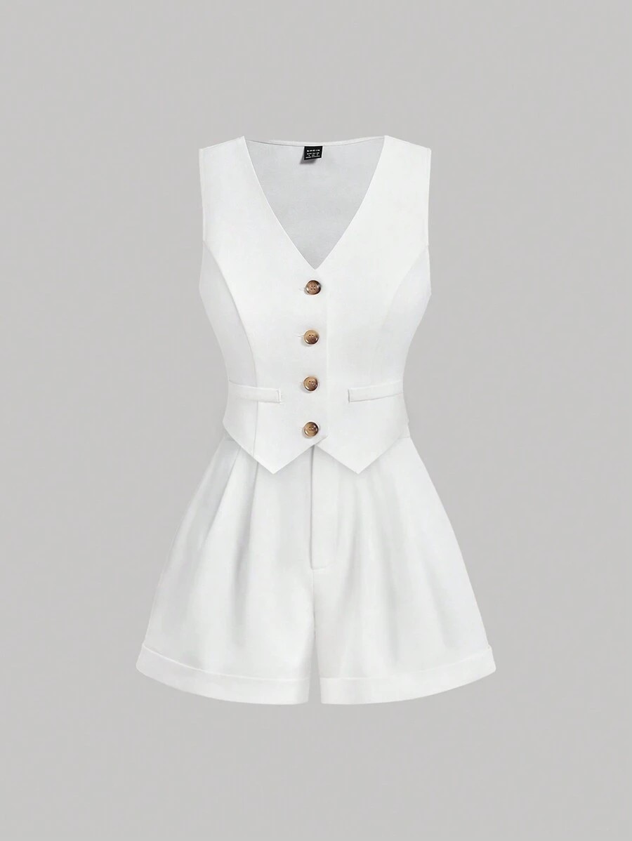 SHEIN MOD Conjunto de verano de mujer en blanco, que incluye top de bolsillo pañuelo y pantalones cortos de pierna ancha de cintura alta con pliegues y dobladillo enrollado, un conjunto casual y cómodo de dos piezas para el estilo "dinero viejo" del verano. Un conjunto de pantalones cortos de invierno, un conjunto de ropa casual de oficina para mujeres para la escuela o el trabajo. - Blanco - Ver 1