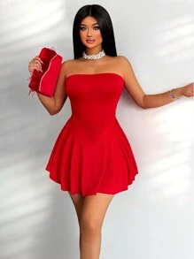 Sirith Vestido corto sin tirantes de unicolor para la ropa de Año Nuevo para mujeres - Rojo - Ver 7