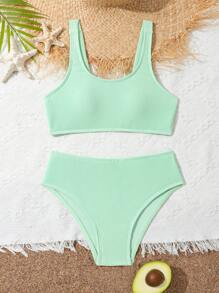 Conjunto de bikini de dos piezas de unicolor simple para niña preadolescente en la playa de verano - Verde - Ver 1