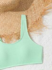 Conjunto de bikini de dos piezas de unicolor simple para niña preadolescente en la playa de verano - Verde - Ver 4