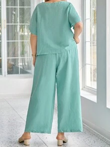Conjunto de Top e Calça Plus Size Feminino, Cor Sólida Simples, Uso Diário Casual - Verde Oliva - Visão 2