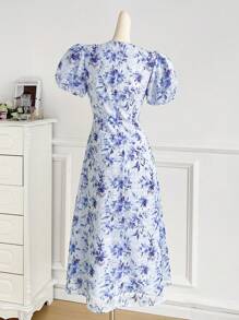 Seusyu 女士花卉印花灯笼袖阿拉伯连衣裙 - 藍色 - 查看 2