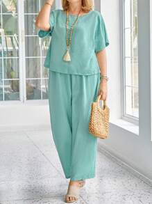 Conjunto de Top e Calça Plus Size Feminino, Cor Sólida Simples, Uso Diário Casual - Verde Oliva - Visão 6
