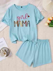 SHEIN Conjunto de ropa de hogar para mujer en dos piezas, color azul claro, con impresión de letras simples en pantalones cortos y camiseta de manga corta