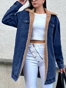 EURMUSE Fleece Lined Long Denim Jacket With Flap Pockets - Dark Wash - View 6