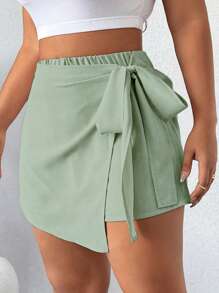 Calvaya Plus Size Solid Color Knotted Asymmetric Hem Casual Shorts For Summer