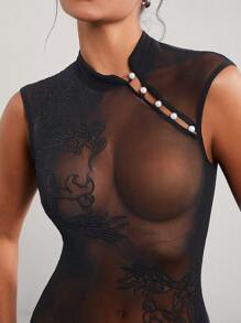 Hauture Dragon Embroidery Sheer Transparent Flare Jumpsuit - Black - View 2