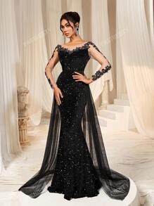 Faeriesty Vestido de gala elegante con cola de sirena con lentejuelas y brillo, con bordado floral y tren de tul fluido de Faeriesty | Vestido de noche de lujo para galas de etiqueta negra, bodas
