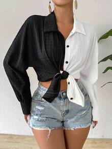 SHEIN LUNE Casual Drop Shoulder Shirt With Texture Splicing Fabric - Black and White - View 3