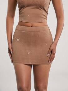 Hauture Summer Sexy Rhinestone Embellished Slim Fit Mini Solid Color Skirt - Brown - View 4