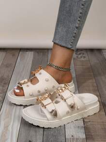 New Women Fashionable & Comfortable Double Strap Sandals With Gold Bat Decor, Flower Shape Buckle, Round Toe, Open Toe, Slip-On Design, Fashionable, Casual, Wedge Heel, Thick Sole