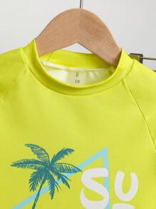 SHEIN Leap Crew 2pcs Tween Boy Graphic Tight Fit Casual Short Sleeve T-Shirt And Shorts Swimsuit Set - Yellow - View 4