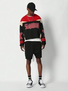 SUMWON Felpa corta con stile retrò da college, in colorblock, maniche lunghe, grafica con logo sportivo, stile casual, sportivo e da strada, adatta per autunno e inverno