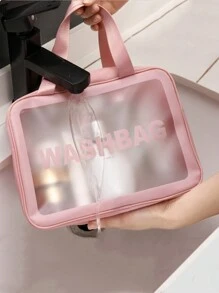 Large Capacity Translucent Pink Cosmetic Bag With Letter Print, Portable