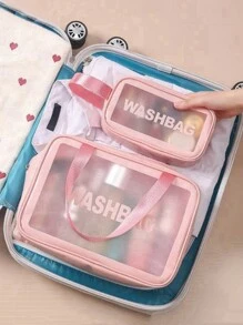 Large Capacity Translucent Pink Cosmetic Bag With Letter Print, Portable