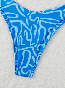 SHEIN Swim 女性夏季海灘條紋印花無肩帶性感比基尼套裝，隨機印花圖案 - 藍色 - 查看 5