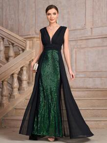 Women's Deep V Sequin Mesh Panel Long Sleeveless Formal Evening Gown (Heavyweight Design) - Black - View 4