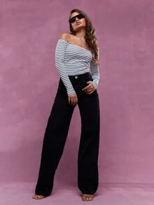 MISSGUIDED Off Shoulder Full Sleeve Striped Bodysuit - Black - View 5