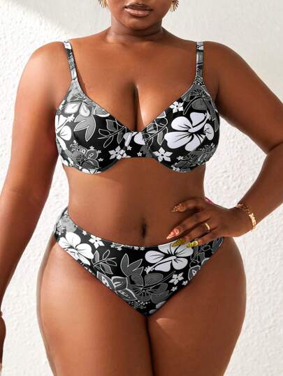 SHEIN Swim Curve 大码花卉印花比基尼套装夏季