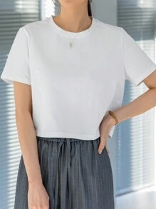 Dazy-Less Solid Round Neck Crop Tee Old Money Style Summer Business Casual Woman Work Clothes - White - View 5