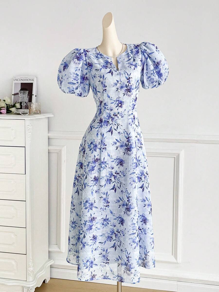 Seusyu 女士花卉印花灯笼袖阿拉伯连衣裙 - 藍色 - 查看 1