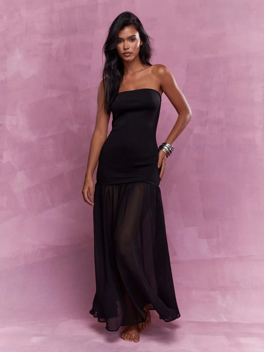 MISSGUIDED Jersey Bandeau Long Sheer Ruffle Hem Maxi Dress - Black - View 1