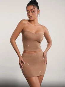 Hauture Summer Sexy Rhinestone Embellished Slim Fit Mini Solid Color Skirt - Brown - View 3