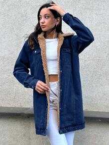 EURMUSE Fleece Lined Long Denim Jacket With Flap Pockets - Dark Wash - View 5