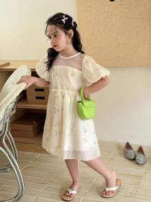 SHEIN Toddler Girls' Elegant  Gorgeous Ladylike Princess Organza 3D Embroidered Floral Puff Sleeves Dress, Perfect For Summer, Weddings, Parties, Picnics And Vacations - Apricot - View 4