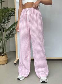 SHEIN EZwear Pantalones largos para mujer de un solo color con estampado de cuadros sencillo para uso diario