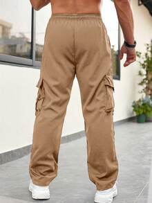 Pantalones cargo de hombre con corte recto y suelto, funcionales y ligeros, con bolsillos grandes, estilo de ropa de trabajo de moda, para primavera/verano - Caqui - Ver 2