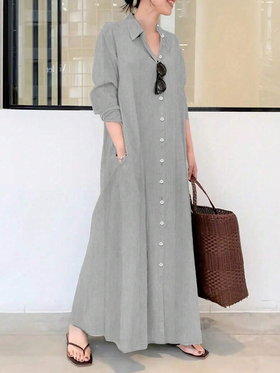 女士簡約日常長袖鈕扣中長裙 - 淺灰色 - 查看 1