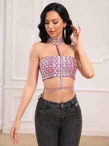 Handmade Rhinestone Bandeau Halter Neck Crop Top, Summer