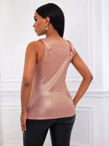 Zolique Women's Summer Metal Texture Shoulder Knot V-Neck Tank Top - Champagne - View 2