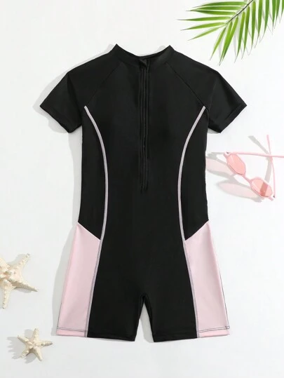 Tween Girl Colorblock Zipper Front One Piece Swimsuit