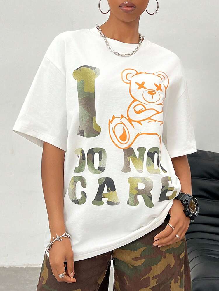 Women's Letter And Small Bear Pattern Knitted White T-Shirt