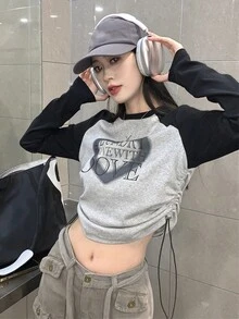Color Block Letter Pattern Raglan Sleeve T-Shirt With Side Drawstring - Grey - View 7