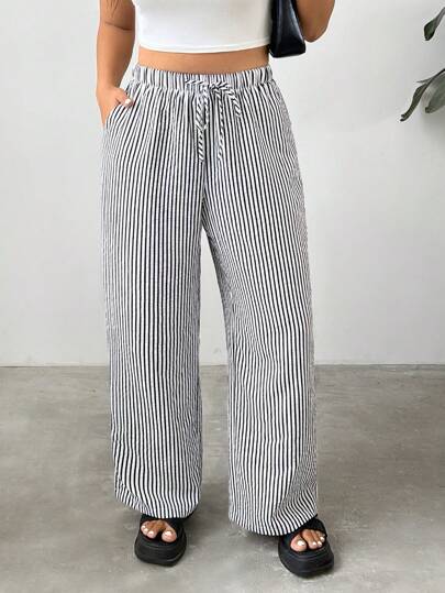 SHEIN EZwear 夏季大码休闲条纹纹理长裤