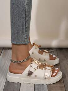 New Women Fashionable & Comfortable Double Strap Sandals With Gold Bat Decor, Flower Shape Buckle, Round Toe, Open Toe, Slip-On Design, Fashionable, Casual, Wedge Heel, Thick Sole