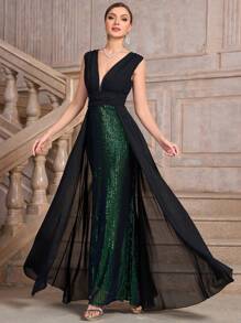 Women's Deep V Sequin Mesh Panel Long Sleeveless Formal Evening Gown (Heavyweight Design) - Black - View 1