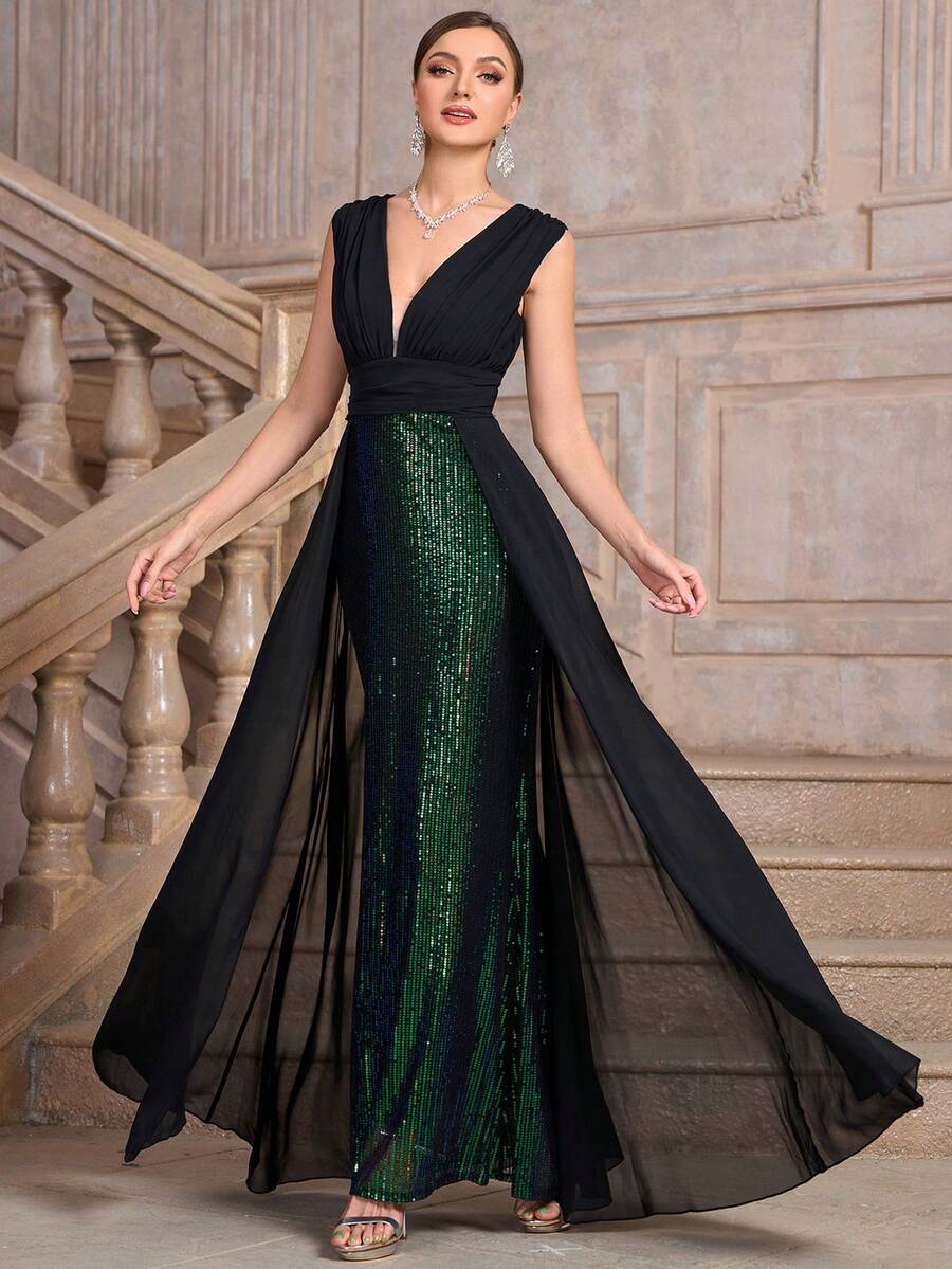 Women's Deep V Sequin Mesh Panel Long Sleeveless Formal Evening Gown (Heavyweight Design) - Black - View 1