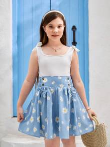SHEIN Tween Girl Extended Size Casual Double-Breasted Skirt With Bow Decoration On Waist