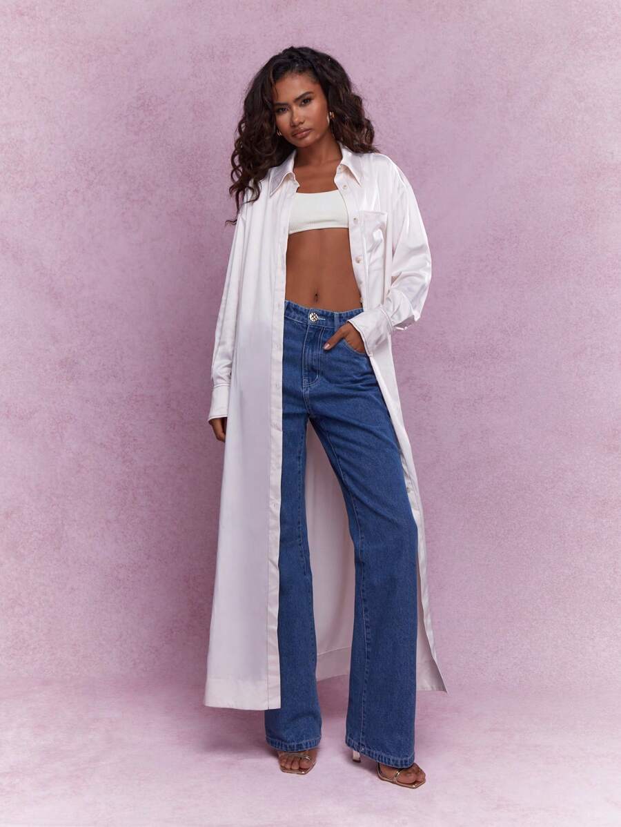 MISSGUIDED Satin Side Slit Shirt Maxi Dress - Baby Pink - View 1