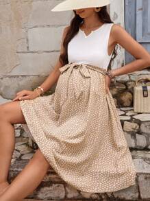 SHEIN Random Printed Simple Style Maternity Sleeveless Dress For Daily Wear - Apricot - View 5