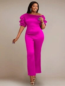 大碼不對稱領泡泡袖喇叭連身褲 - 玫紅色 - 查看 3