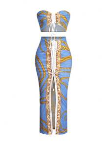 SHEIN Unity Women Random Printed Strapless Top With Slit Skirt Set - Blue - View 1